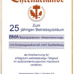KWG-Tochter BMA wurde zum 25-jährigen Kammerjubiläum mit einer Ehrenurkunde der HWK Cottbus ausgezeichnet